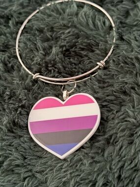 Silver Bangle Bracelet with Pink & Purple Heart Pride Charm
